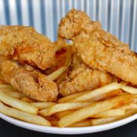 4 Piece Chicken Tenders (3 Sauces) + Fries · Our Fried Chicken Tenders are crispy on the outside and juicy on the inside and include a sa...