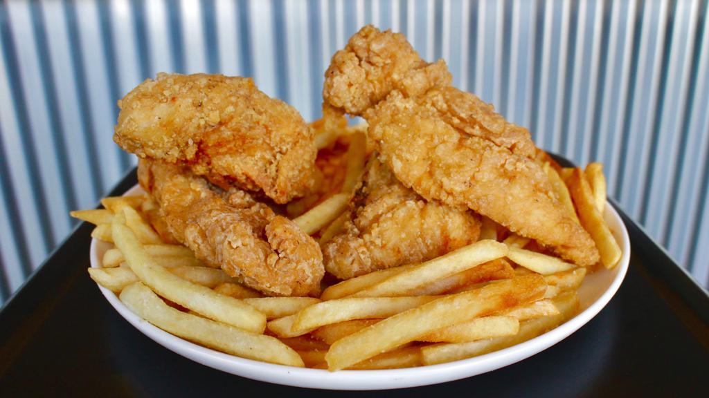 4 Piece Chicken Tenders (3 Sauces) + Fries · Our Fried Chicken Tenders are crispy on the outside and juicy on the inside and include a sauce of your choice.