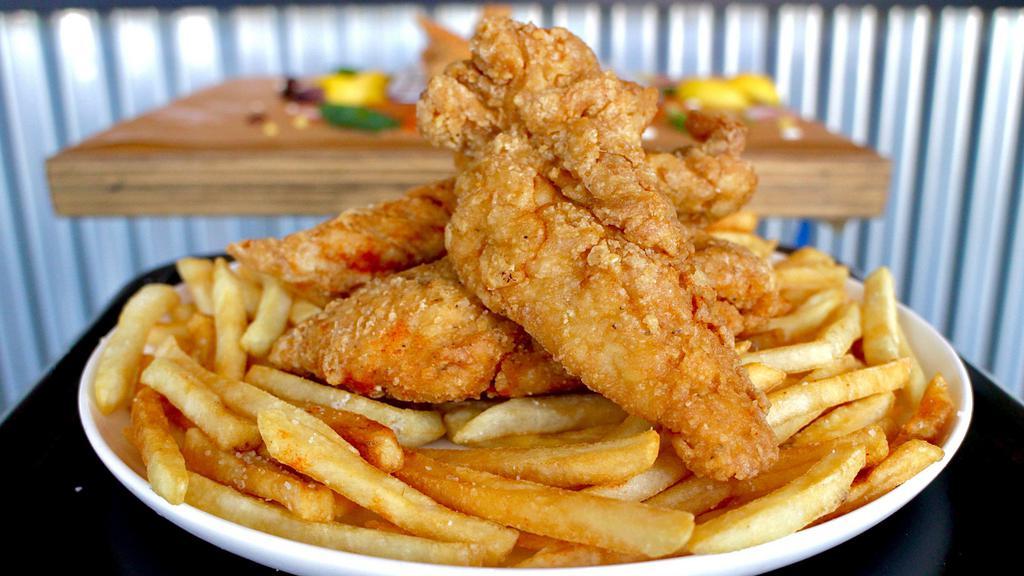 3 Piece Chicken Tenders (2 Sauces) + Fries · Our Fried Chicken Tenders are crispy on the outside and juicy on the inside and include a sauce of your choice.