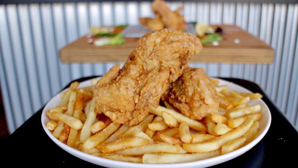 2 Piece Chicken Tenders (2 Sauces) + Fries · Our Fried Chicken Tenders are crispy on the outside and juicy on the inside and include a sauce of your choice.