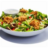 Chicken Garden Salad · Spring mix greens piled with diced tomatoes, crisp cucumbers, cheddar cheese, Monterey Jack ...