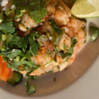 Shrimp Ceviche · 12oz fresh shrimp ceviche with tostadas