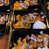 Teriyaki Chicken Lunch Box · Teriyaki chicken with veggie tempura,  miso soup, salad and steamed rice
