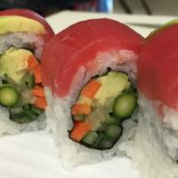 Protein Fiber Roll · Radish, carrot, lettuce, avocado and cucumber topped with tuna,  and wasabi yozu.