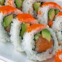Salmon Roll · Ten pieces. Salmon, avocado, cucumber, and masago.