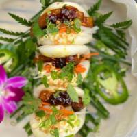 Pork Belly Bun Mi · Vietnamese Style Braised Pork Belly in Steamed Buns topped with Japanese Mayo, Pickled Radis...