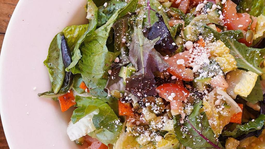 Small Side Salad · Organic Sharky's blend, tomatoes, cucumber, pepitas, chile croutons, cotija cheese, lemon vinaigrette