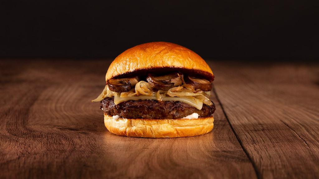 The Mushroom Swiss Cheeseburger · Beef patty, roasted mushrooms, caramelized onions, melted swiss cheese, and mayo on your choice of bun.
