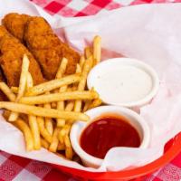 Chicken Strips · Tender white meat chicken breaded and deep-fried to a golden brown.