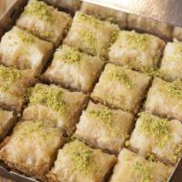 Baklava · Light crispy pastry filled with walnut or pistachio and topped with our light homemade syrup...
