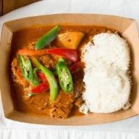 Massaman Chicken Curry · Massaman curry paste made from scratch, coconut milk, bone-in chicken, red and green bell pe...