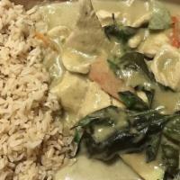 Green Curry · Green curry paste made from scratch with coconut milk, kaffir lime leaves, red, and green be...