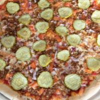 The Garage Pizza · Ground beef, tomato, red onion, pickles.