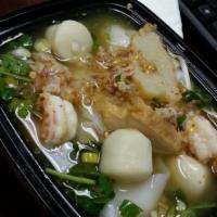 House Tom Yum Noodle · Ground chicken, fish ball. Fish cake, shrimp, ground peanut, bean sprout, green onion, cilan...