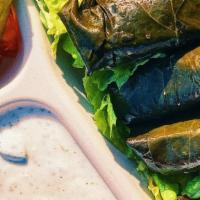 Stuffed Grape Leaves · Six pieces. Tender grape leaves stuffed with vegetables and rice served with pita bread and ...