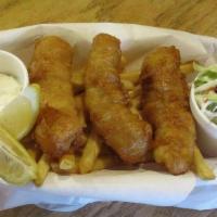 Fish N Chips · 3 Pieces of Atlantic cod, beer battered to order with fries, coleslaw and tartar sauce.
