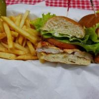 Chicken Breast Sandwich · 7-8 ounce barbecued chicken breast served on our French roll with mayo, onion, lettuce and t...