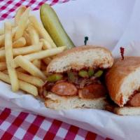 Hot Link Sandwich · Two charbroiled hot link sausages topped with sautéed peppers, onions and our famous homemad...