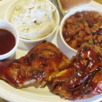 Chicken Dinner · A 1/2 barbecued chicken crisp and juicy.. Served with a fresh-baked roll and your choice of ...