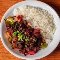 Chili Chicken With Rice · Chili Chicken cooked with veggies and hint of house sauce. Served with White Rice.