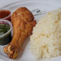 Chicken And Sticky Rice · Sticky rice and Chicken served with green chili sauce on side.