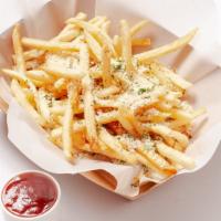 Truffle Fries · Shoestring french fries seasoned with truffle oil, parmesan cheese, parsley. Served with a s...