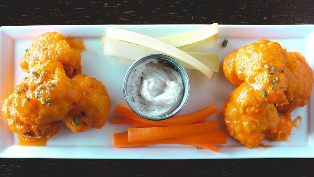 Cauliflower Wings (Vegan) · Served with vegan house ranch and crudite.