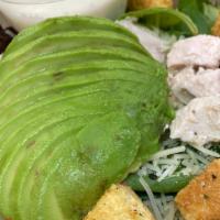 Chicken Avocado Salad · Greens, chicken, croutons, avocado, parmesan, ranch dressing.