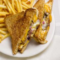 The Forty Melt · Your choice of burger or chicken with grilled mushrooms and red onion, melted cheddar cheese...