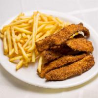 Chicken Strips · Housemade breaded and fried chicken breast strips served with fries, with ranch and BBQ dipp...