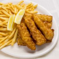 Fish + Chips · Beer-battered cod fillets served with fries and our housemade tartar sauce on the side.