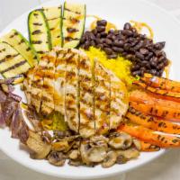 Teriyaki Chicken Bowl · Grilled chicken breast,  onions, carrots, zucchini, 
 & mushrooms with black beans on a bed ...