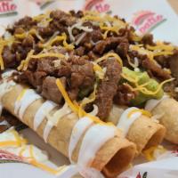Loaded Taquitos · Five beef taquitos topped with sour cream, guacamole, cheese & Carne Asada.