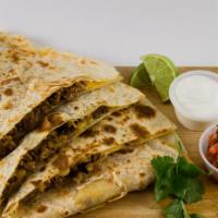 Mex Quesadilla · Filled w/ Choice of Meat, Onions, Cilantro, Green Salsa, Side of Guac & Sour Cream