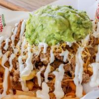 Asada Fries · Seasoned fries topped w/ Choice of Meat, Sour Cream, Guacamole, Cheese