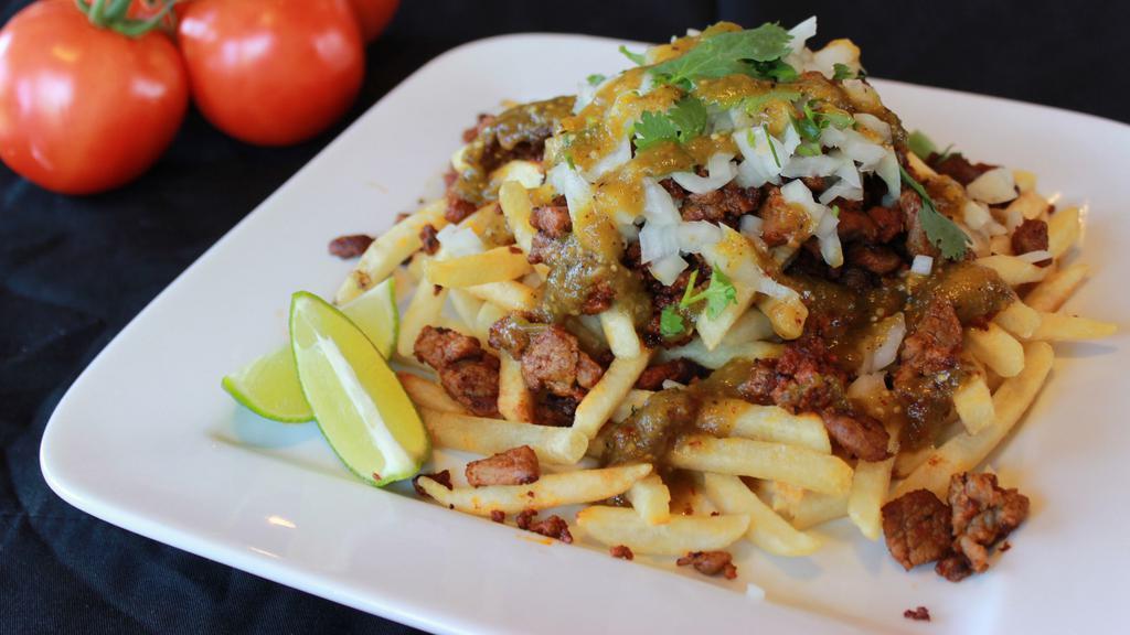 Mex Fries · Fries topped w/ Choice of Meat, Onions, Cilantro, Green Salsa