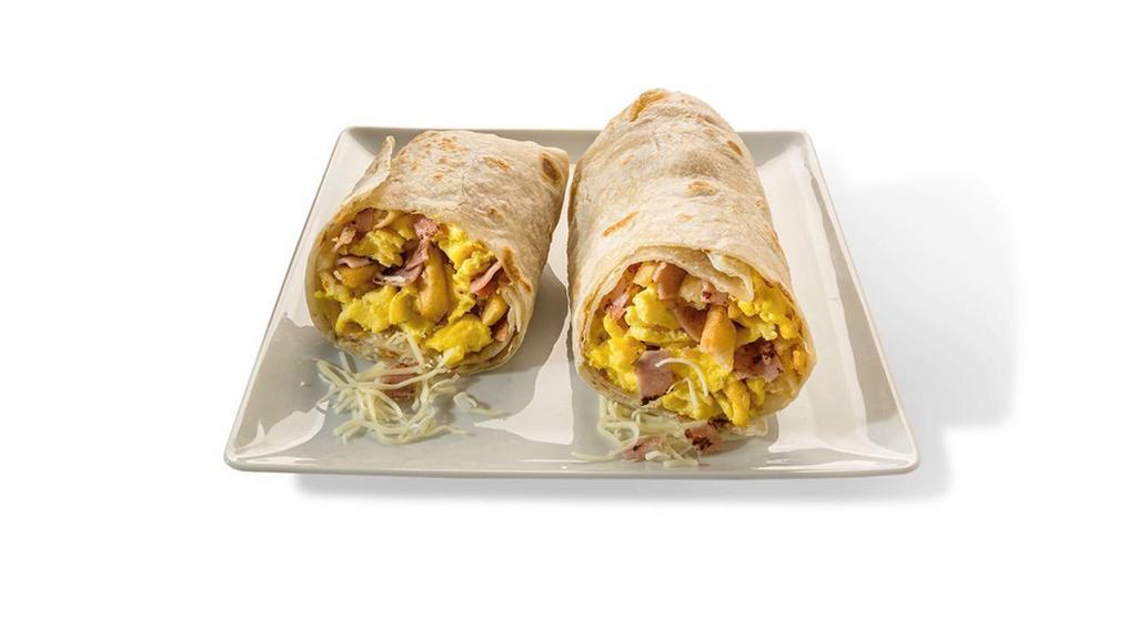 Breakfast Burrito · Eggs, Fries, Cheese, Meat Options: Ham, Bacon, Chorizo