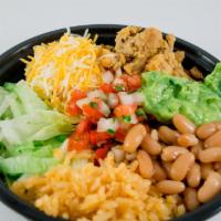Super Burrito Bowl · Choice of Meat, Rice, Beans, Lettuce, Guacamole, Sour Cream, Cheese, Pico de Gallo