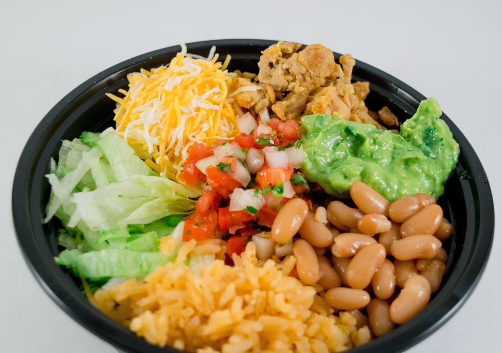 Super Burrito Bowl · Choice of Meat, Rice, Beans, Lettuce, Guacamole, Sour Cream, Cheese, Pico de Gallo