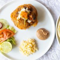 Chile Relleno · Bell Pepper stuffed with chicken.  Includes rice, beans, salad and 2 tortillas