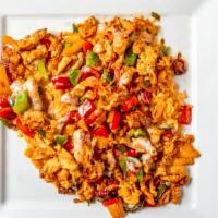 Arroz Con Pollo · A bed of rice topped with your choice of meat, grilled bell peppers and our delicious cheese...
