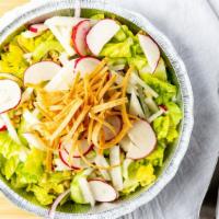 Mexquite Salad · Romaine lettuce, jicama, onions, cucumbers, radish, and tomatoes tossed with cilantro lime d...