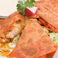 Quesadilla De Camaron · Sautéed shrimp, grilled corn, red bell peppers and onions on a tomato flour tortilla with me...