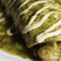 Burrito De Camaron (Shrimp) · Sautéed shrimp, red bell pepper, grilled corn, refried beans, onions, Mexican rice, pico de ...