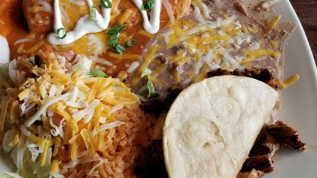 Enchilada · Choose one item with your choice of shredded chicken or beef, cheese or ground beef served with refried beans and Mexican rice.
