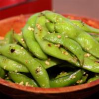 Spicy Garlic Edamame · Boiled soy beans with spicy garlic sauce and red pepper.