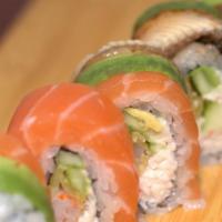 Yummy Roll · Crunch roll topped with salmon, eel & avocado.