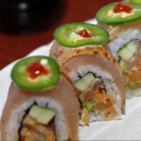 Succubus Roll · Inside: spicy albacore, cucumber
Outside: albacore & jalapeno