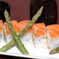 Asparagus Roll · Inside: deep fried asparagus, cucumber & avocado
Outside: salmon
