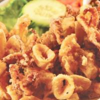 Calamari · Crispy fried squid served with our garlic vinegar sauce. Serving for one to two.